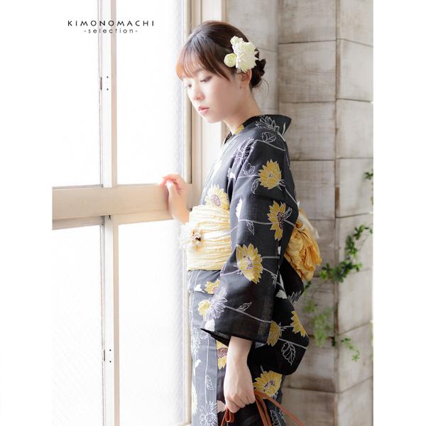 浴衣 レディース 女性浴衣単品 「墨色　小輪ひまわり」Fサイズ 綿浴衣
