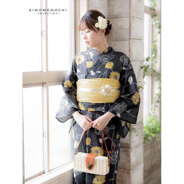 浴衣 レディース 女性浴衣単品 「墨色　小輪ひまわり」Fサイズ 綿浴衣