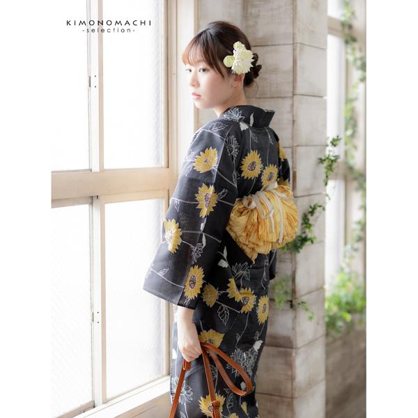 浴衣 レディース 女性浴衣単品 「墨色　小輪ひまわり」Fサイズ 綿浴衣