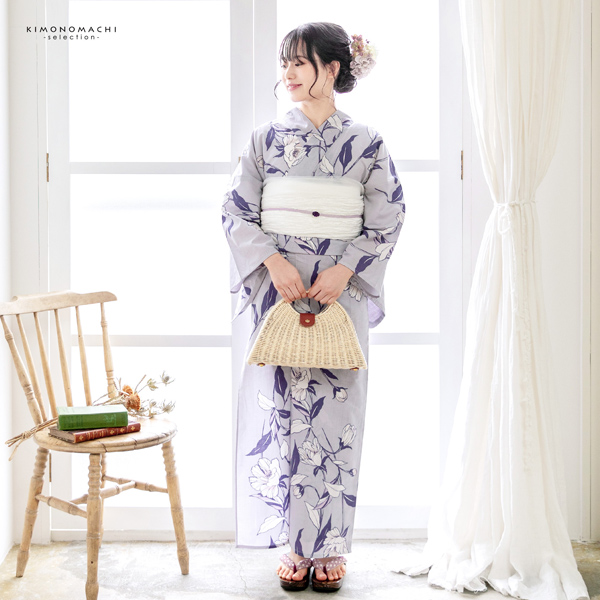浴衣 レディース 女性浴衣単品 「待宵草 グレー」Fサイズ