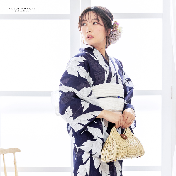 浴衣 レディース 女性浴衣単品 「オーガスタリーフ　ネイビー」Fサイズ
