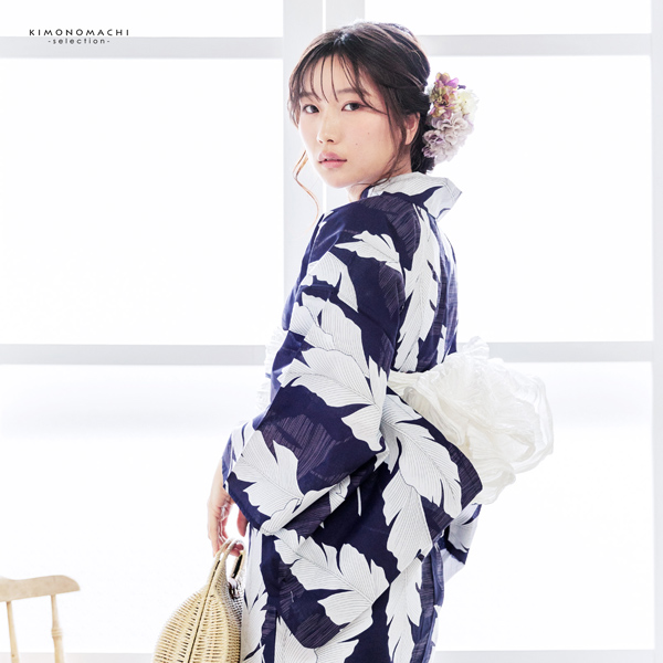 浴衣 レディース 女性浴衣単品 「オーガスタリーフ　ネイビー」Fサイズ