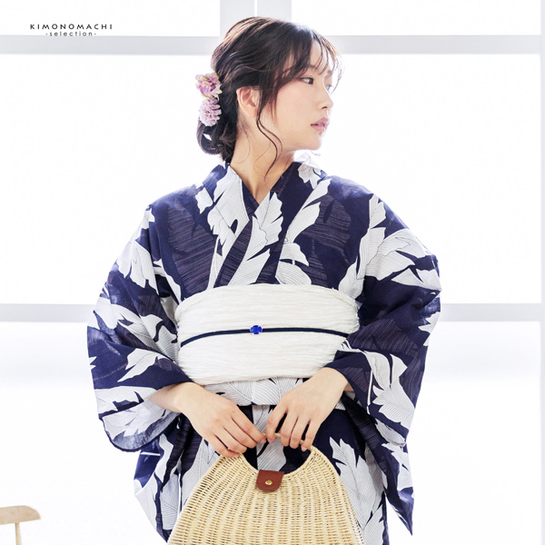 浴衣 レディース 女性浴衣単品 「オーガスタリーフ　ネイビー」Fサイズ