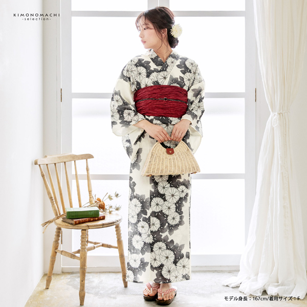 浴衣 レディース 女性浴衣単品 「アイボリー 墨色、連菊」Fサイズ