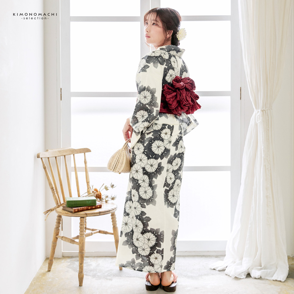 浴衣 レディース 女性浴衣単品 「アイボリー 墨色、連菊」Fサイズ