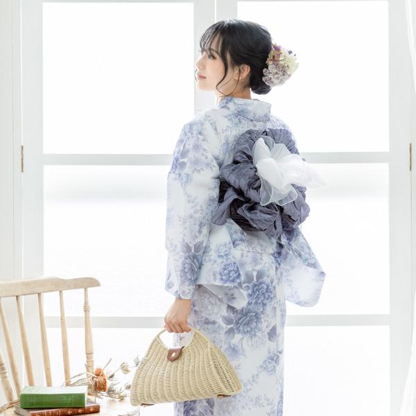 浴衣 レディース 女性浴衣単品「ピオニー　ブルーグレー」ポリエステル浴衣 プレタ浴衣 お仕立て上がり浴衣 大人浴衣 Fサイズ 女性用 女性浴衣 ゆかた【メール便不可】