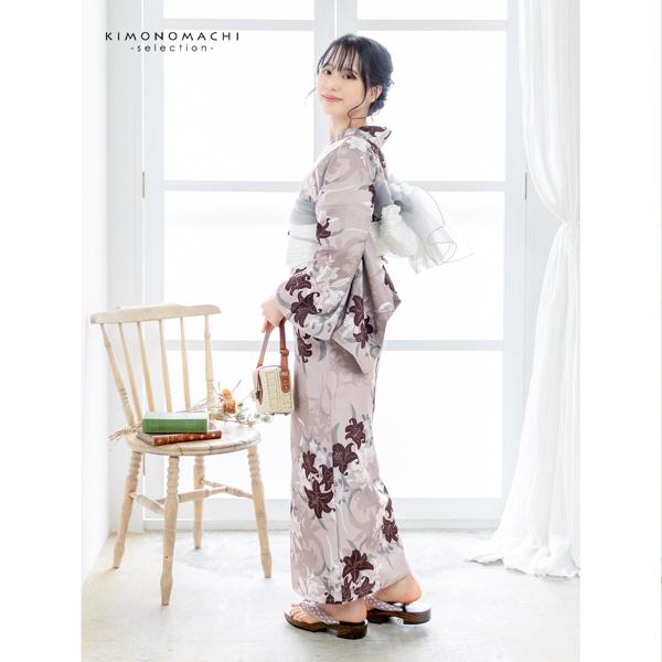 浴衣 レディース 女性浴衣単品「百合 ココア」ポリエステル浴衣 プレタ浴衣 お仕立て上がり浴衣 大人浴衣 Fサイズ 女性用 女性浴衣 ゆかた【メール便不可】