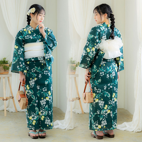 浴衣 レディース 大人 2点セット（浴衣＋しわ兵児帯) 大きいサイズ「檸檬・八重椿・クレマチス」3L/4L 綿 きもの町オリジナル 個性的 レトロモダン 花火大会 夏祭り 女性用浴衣 ゆかた yukata【メール便不可】
