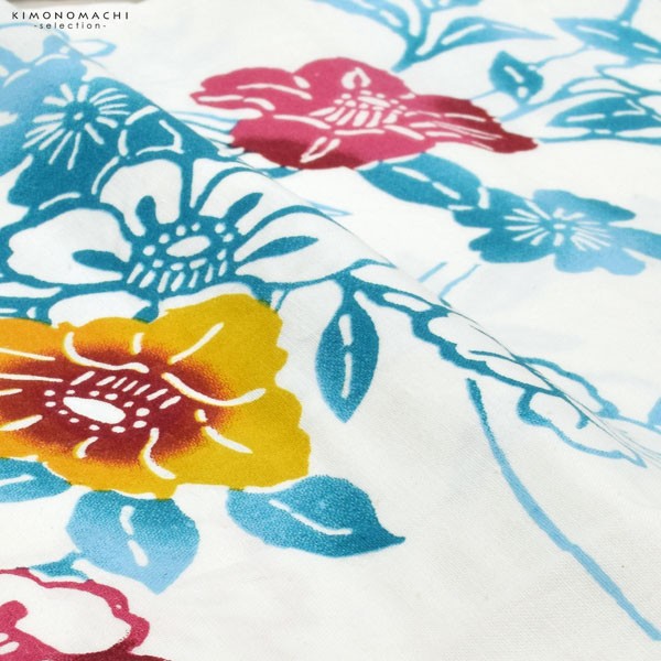 浴衣 子供 女の子 子供浴衣セット(浴衣+帯) 浴衣2点セット「白地 浅葱色、露芝に椿」110cm/120cm/130cm/140cm/150cm こども 子ども キッズ ジュニア ゆかた 花火大会 夏祭り 夕涼み yukata set【メール便不可】
