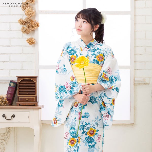 浴衣 子供 女の子 子供浴衣セット(浴衣+帯) 浴衣2点セット「白地 浅葱色、露芝に椿」110cm/120cm/130cm/140cm/150cm こども 子ども キッズ ジュニア ゆかた 花火大会 夏祭り 夕涼み yukata set【メール便不可】