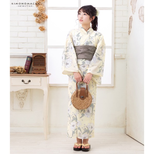 浴衣 子供 女の子 子供浴衣セット(浴衣+帯) 浴衣2点セット「クリームイエロー アネモネ」110cm/120cm/130cm/140cm/150cm こども 子ども キッズ ジュニア ゆかた 花火大会 夏祭り 夕涼み yukata set【メール便不可】