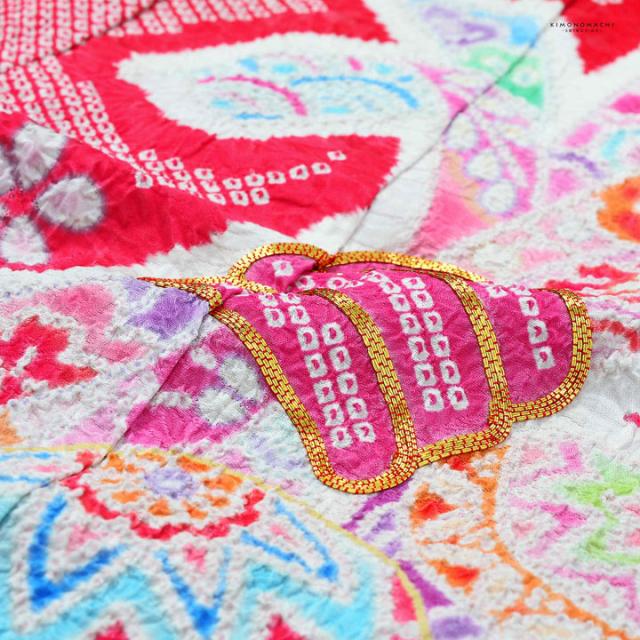 七五三 7歳 四つ身着物フルセット「赤、絞り　束ね熨斗に手鞠」女の子 7才 女児用 子供着物 七才のお祝い着向け【メール便不可】