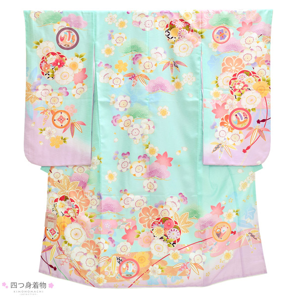 七五三 7歳 四つ身着物フルセット ブランド Shikibu Roman 式部浪漫「ミント×パープル　梅笹、花紋」女の子 7才 女児用 子供着物 七才のお祝い着向け【メール便不可】