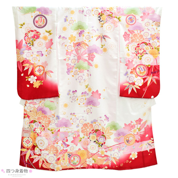 七五三 7歳 四つ身着物フルセット ブランド Shikibu Roman 式部浪漫「白×赤　梅笹、花紋」女の子 7才 女児用 子供着物 七才のお祝い着向け【メール便不可】