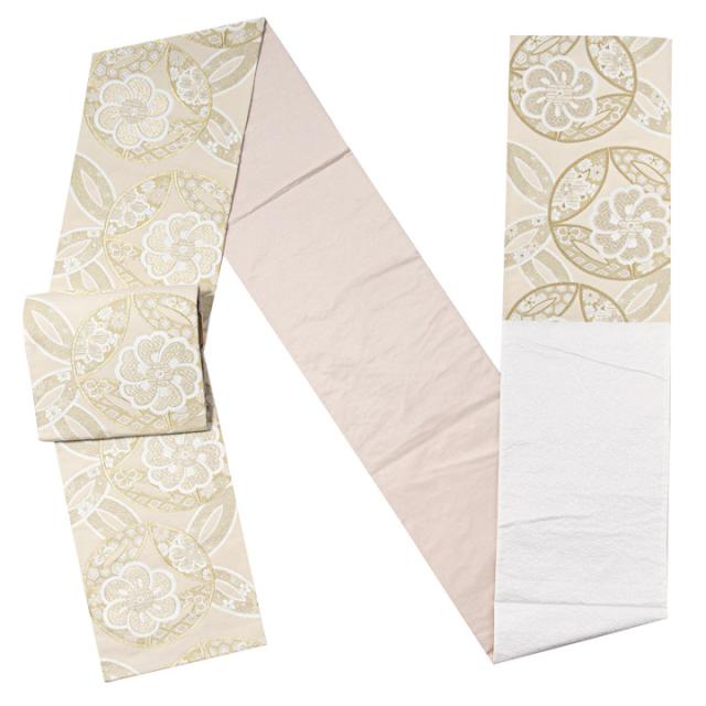 振袖 袋帯 単品「象牙色地、白金×砂色　ねじ花に七宝」日本製 お仕立て上がり 振袖用 袋帯 お仕立て済 振袖帯 結婚式 成人式 フォーマル【メール便不可】