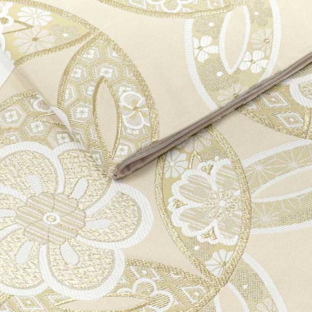 振袖 袋帯 単品「象牙色地、白金×砂色　ねじ花に七宝」日本製 お仕立て上がり 振袖用 袋帯 お仕立て済 振袖帯 結婚式 成人式 フォーマル【メール便不可】