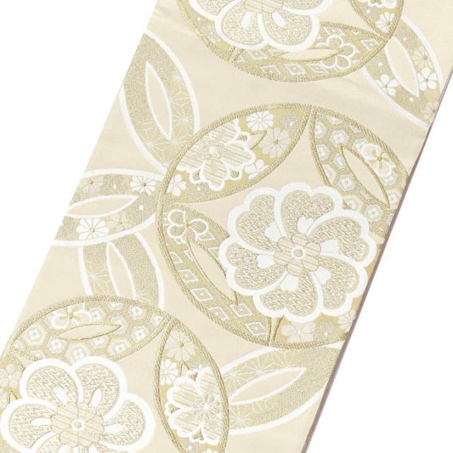 振袖 袋帯 単品「象牙色地、白金×砂色　ねじ花に七宝」日本製 お仕立て上がり 振袖用 袋帯 お仕立て済 振袖帯 結婚式 成人式 フォーマル【メール便不可】