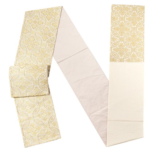 振袖 袋帯 単品「生成り色×金　輪違に唐花」日本製 お仕立て上がり 振袖用 袋帯 お仕立て済 振袖帯 結婚式 成人式 フォーマル【メール便不可】