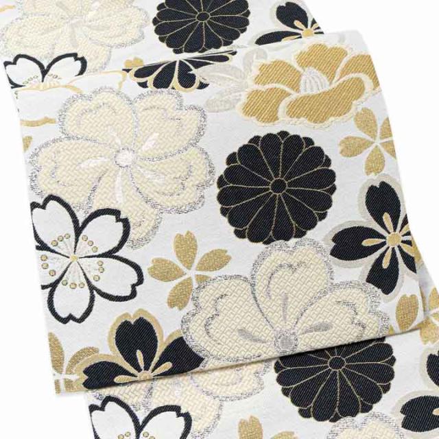 振袖 袋帯 単品「白地、黒×生成り色　四季花紋」日本製 お仕立て上がり 振袖用 袋帯 お仕立て済 振袖帯 結婚式 成人式 フォーマル【メール便不可】