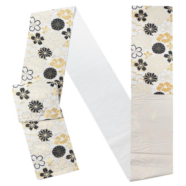 振袖 袋帯 単品「白地、黒×生成り色　四季花紋」日本製 お仕立て上がり 振袖用 袋帯 お仕立て済 振袖帯 結婚式 成人式 フォーマル【メール便不可】