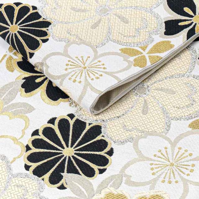 振袖 袋帯 単品「白地、黒×生成り色　四季花紋」日本製 お仕立て上がり 振袖用 袋帯 お仕立て済 振袖帯 結婚式 成人式 フォーマル【メール便不可】