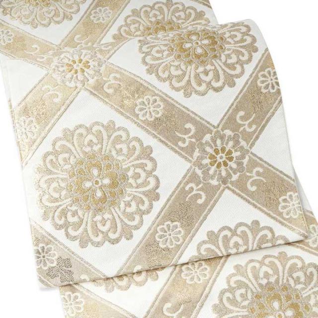 振袖 袋帯 単品「白×ゴールド　唐花格子」日本製 お仕立て上がり 振袖用 袋帯 お仕立て済 振袖帯 結婚式 成人式 フォーマル【メール便不可】