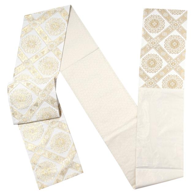 振袖 袋帯 単品「白×ゴールド　唐花格子」日本製 お仕立て上がり 振袖用 袋帯 お仕立て済 振袖帯 結婚式 成人式 フォーマル【メール便不可】