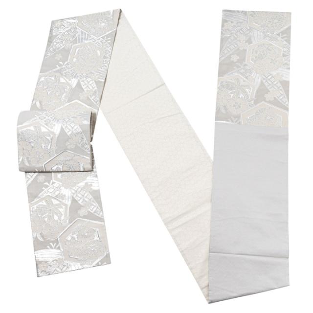 振袖 袋帯 単品「灰白色×銀　笹に亀甲、花」日本製 お仕立て上がり 振袖用 袋帯 お仕立て済 振袖帯 結婚式 成人式 フォーマル【メール便不可】