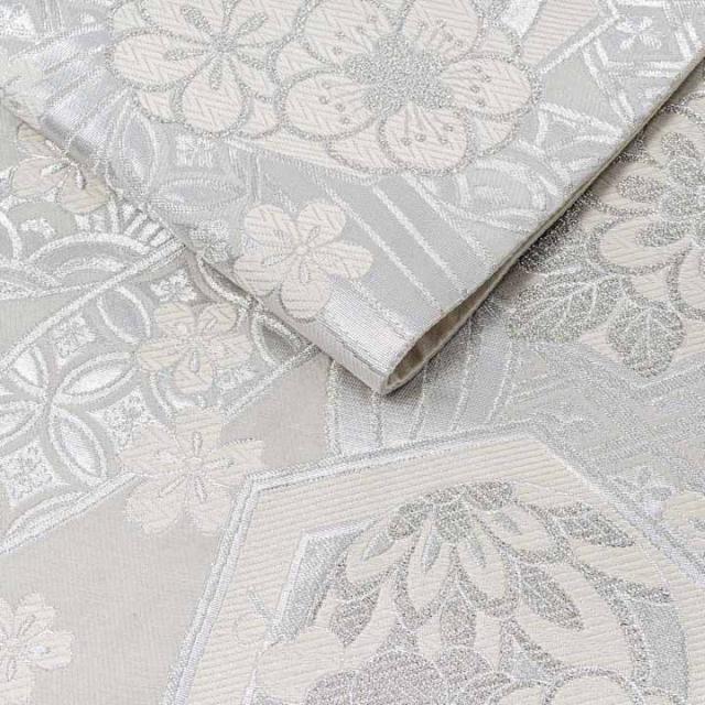 振袖 袋帯 単品「灰白色×銀　笹に亀甲、花」日本製 お仕立て上がり 振袖用 袋帯 お仕立て済 振袖帯 結婚式 成人式 フォーマル【メール便不可】