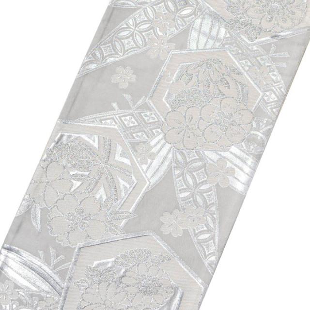 振袖 袋帯 単品「灰白色×銀　笹に亀甲、花」日本製 お仕立て上がり 振袖用 袋帯 お仕立て済 振袖帯 結婚式 成人式 フォーマル【メール便不可】