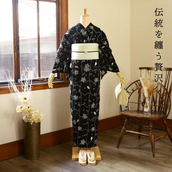 【訳アリ】お仕立て上がり絞り浴衣単品「フラワータペストリー　黒」有松絞り 女性浴衣単品 レディース浴衣単品 綿 お仕立て上がり浴衣 yukata【メール便不可】
