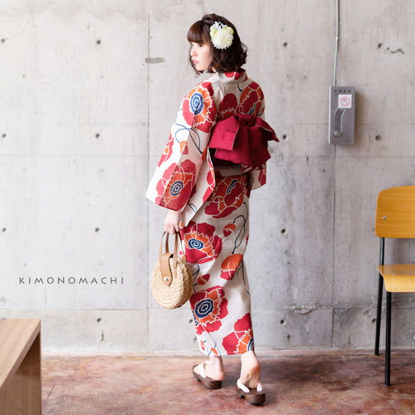 浴衣 レディース 単品「レトロフラワー　ピンク」3L/4L 大きいサイズ KIMONOMACHI 京都きもの町 オリジナル レトロ モダン かわいい 大人柄 変わり織り綿 女性浴衣単品 女浴衣 ゆかた yukata【メール便不可】