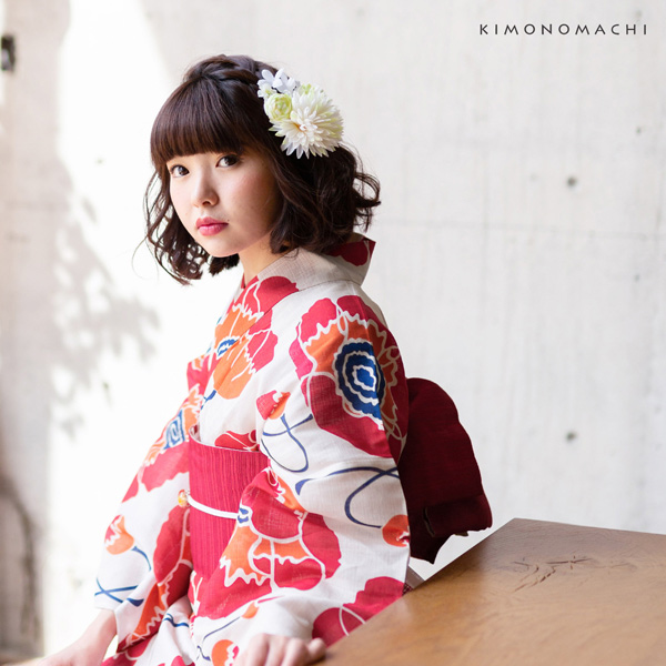 浴衣 レディース 単品「レトロフラワー　ピンク」3L/4L 大きいサイズ KIMONOMACHI 京都きもの町 オリジナル レトロ モダン かわいい 大人柄 変わり織り綿 女性浴衣単品 女浴衣 ゆかた yukata【メール便不可】