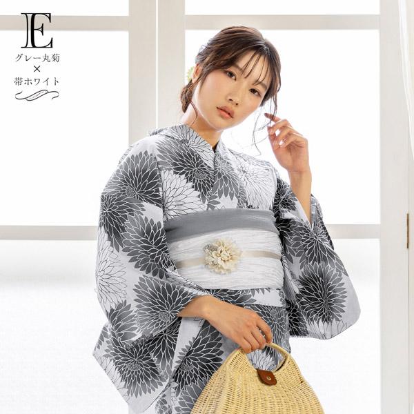 浴衣セット レディース 大人 浴衣3点セット（浴衣＋帯＋おまかせ下駄）「ブルー丸菊・グレー丸菊」大人柄 可愛い系 カジュアル レトロモダン 個性的 花火大会 夏祭り 女性用浴衣 ゆかた yukata【メール便不可】