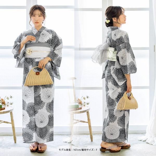 浴衣セット レディース 大人 浴衣3点セット（浴衣＋帯＋おまかせ下駄）「ブルー丸菊・グレー丸菊」大人柄 可愛い系 カジュアル レトロモダン 個性的 花火大会 夏祭り 女性用浴衣 ゆかた yukata【メール便不可】