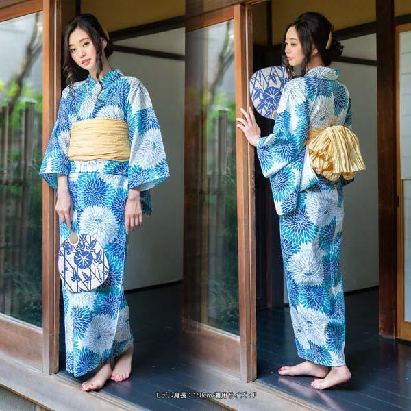 浴衣セット レディース 大人 浴衣3点セット（浴衣＋帯＋おまかせ下駄）「ブルー丸菊・グレー丸菊」大人柄 可愛い系 カジュアル レトロモダン 個性的 花火大会 夏祭り 女性用浴衣 ゆかた yukata【メール便不可】
