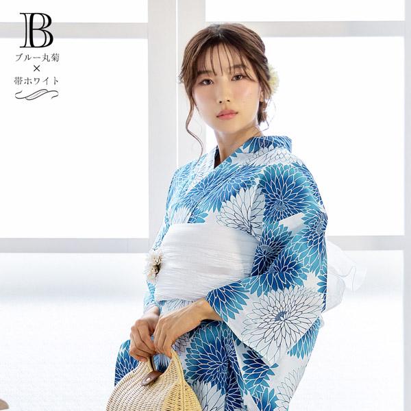 浴衣セット レディース 大人 浴衣3点セット（浴衣＋帯＋おまかせ下駄）「ブルー丸菊・グレー丸菊」大人柄 可愛い系 カジュアル レトロモダン 個性的 花火大会 夏祭り 女性用浴衣 ゆかた yukata【メール便不可】