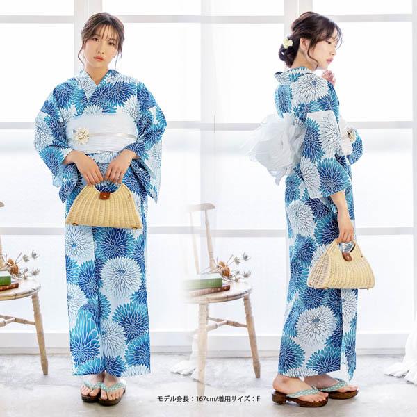 浴衣セット レディース 大人 浴衣3点セット（浴衣＋帯＋おまかせ下駄）「ブルー丸菊・グレー丸菊」大人柄 可愛い系 カジュアル レトロモダン 個性的 花火大会 夏祭り 女性用浴衣 ゆかた yukata【メール便不可】