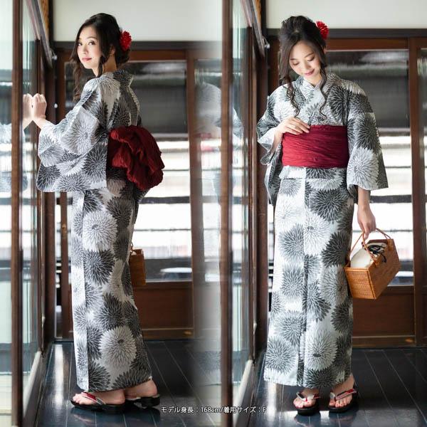 浴衣セット レディース 大人 浴衣3点セット（浴衣＋帯＋おまかせ下駄）「ブルー丸菊・グレー丸菊」大人柄 可愛い系 カジュアル レトロモダン 個性的 花火大会 夏祭り 女性用浴衣 ゆかた yukata【メール便不可】