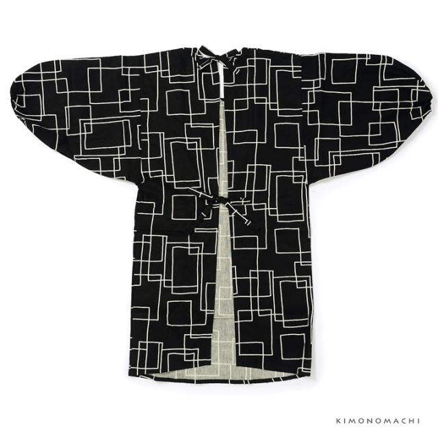 ロング丈 割烹着「黒地　スクエア」実用的 日本製 オシャレ かわいい 綿割烹着 ロング割烹着 着物割烹着 エプロン プレゼント最適品＜H＞【メール便不可】
