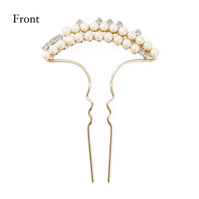 髪飾り かんざし 単品「ゴールド・シルバー 2連パール、ラインストーン」日本製 簪 日本髪 和装 着物 礼装 結婚式