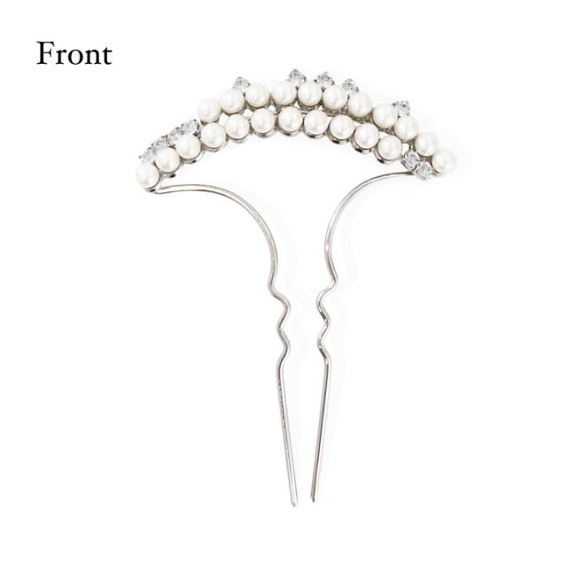 髪飾り かんざし 単品「ゴールド・シルバー 2連パール、ラインストーン」日本製 簪 日本髪 和装 着物 礼装 結婚式