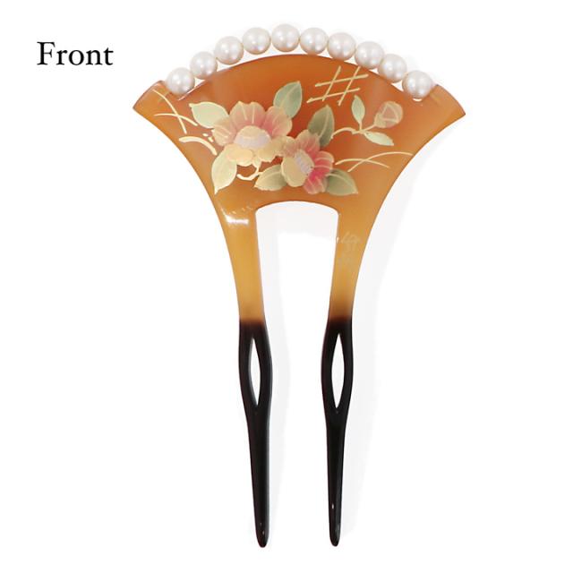 髪飾り 銀杏型 かんざし 単品「橙・黒 椿、パール付き」日本製 簪 日本髪 和装 着物 礼装 結婚式 和装髪飾り
