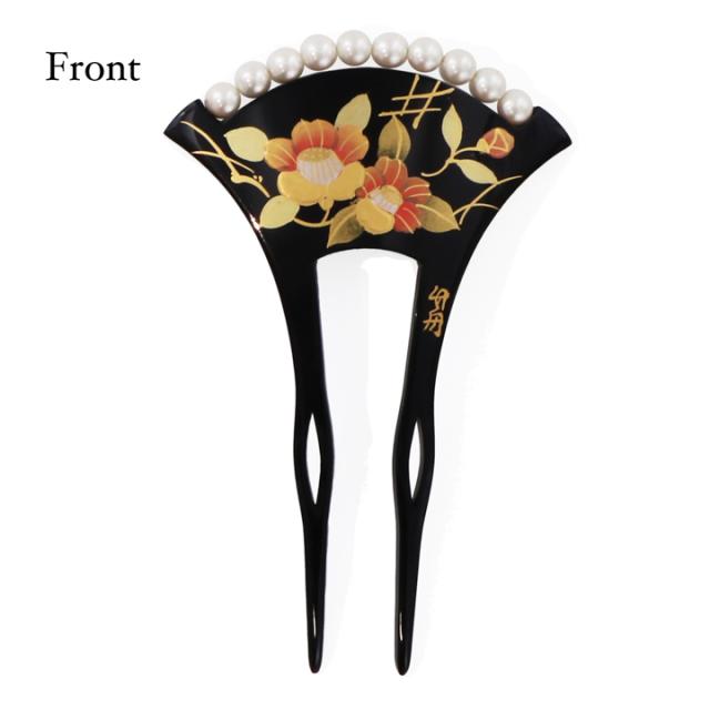 髪飾り 銀杏型 かんざし 単品「橙・黒 椿、パール付き」日本製 簪 日本髪 和装 着物 礼装 結婚式 和装髪飾り