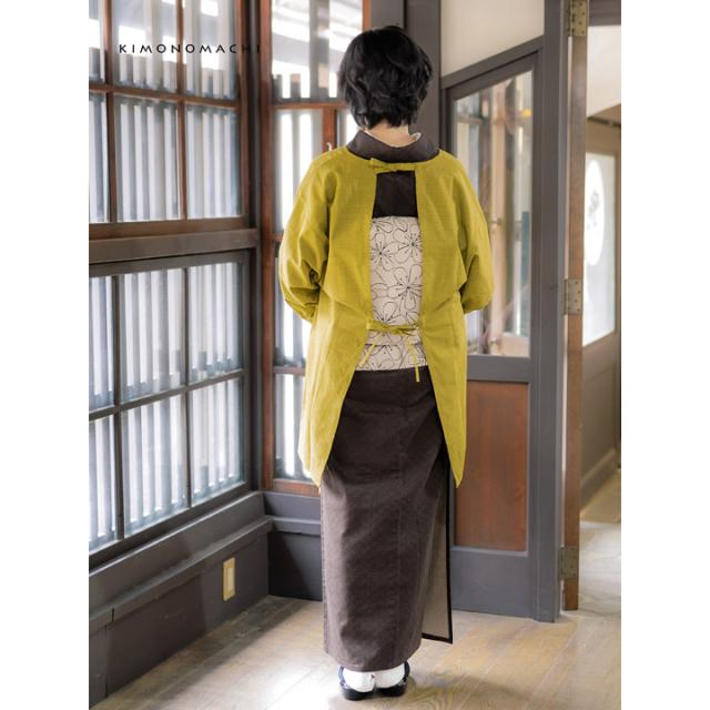 ロング丈 割烹着「うぐいす色　紬調」実用的 日本製 オシャレ かわいい 綿割烹着 ロング割烹着 着物割烹着 エプロン プレゼント最適品＜H＞【メール便不可】