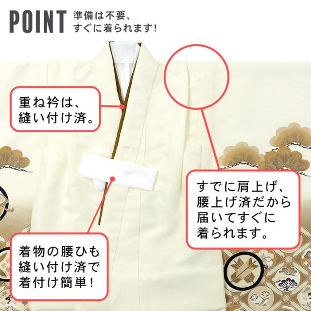 七五三 着物 3歳 男の子 被布セット「白　象牙色・水色　白・水色　黄色、格天井に宝尽くし」三歳男児被布セット 子供着物 フルセット 三才のお祝い着 3才向け【メール便不可】