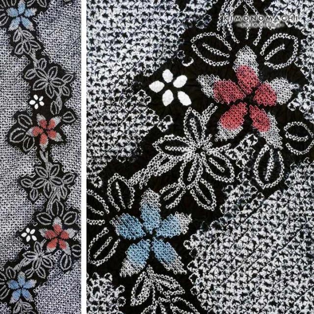 絞り浴衣反物 花しぼり「古都三浦 黒地、赤×青」有松絞り 女性浴衣 レディース浴衣 絞り浴衣 綿浴衣 未仕立て【メール便不可】