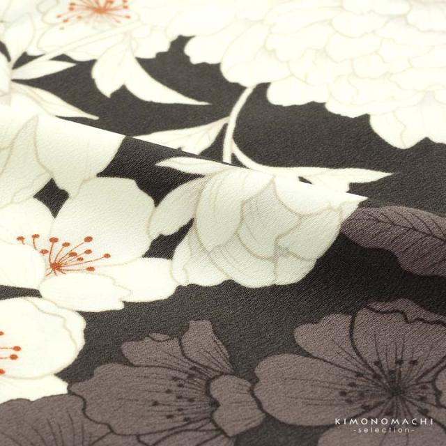 二尺袖着物 単品「牡丹に桜 こげ茶×ココア」Fサイズ 日本製 お仕立て上がり 短丈 ショート丈 レディース 洗える着物 二尺袖 着物 袴に合わせて 卒業式 謝恩会【メール便不可】