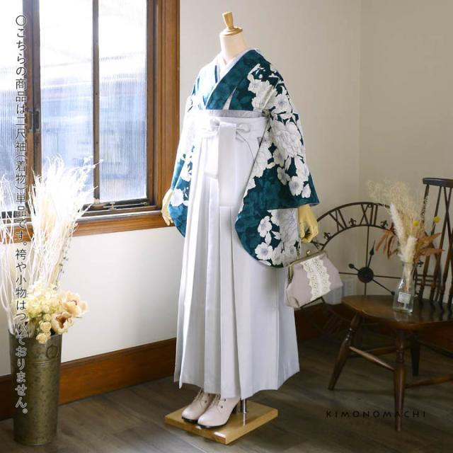 二尺袖着物 単品「牡丹に桜 深青緑」Fサイズ 日本製 お仕立て上がり 短丈 ショート丈 レディース 洗える着物 二尺袖 着物 袴に合わせて 卒業式 謝恩会【メール便不可】