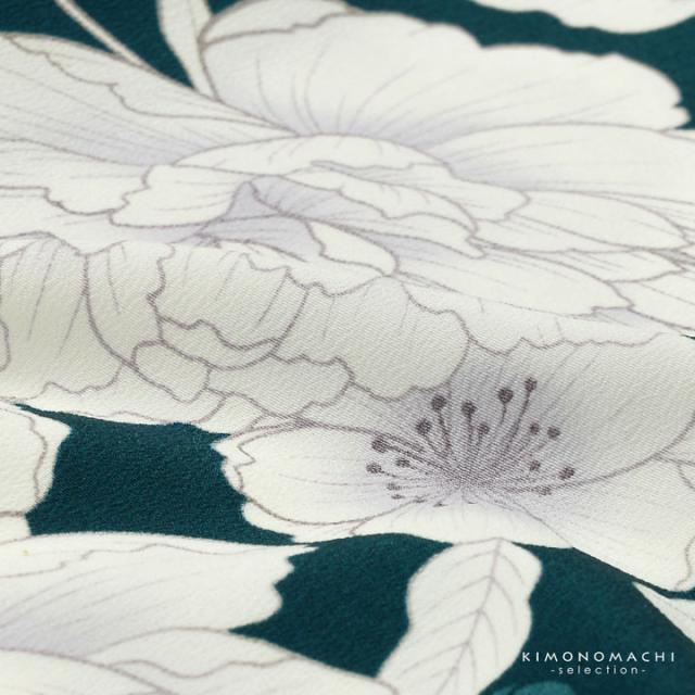 二尺袖着物 単品「牡丹に桜 深青緑」Fサイズ 日本製 お仕立て上がり 短丈 ショート丈 レディース 洗える着物 二尺袖 着物 袴に合わせて 卒業式 謝恩会【メール便不可】